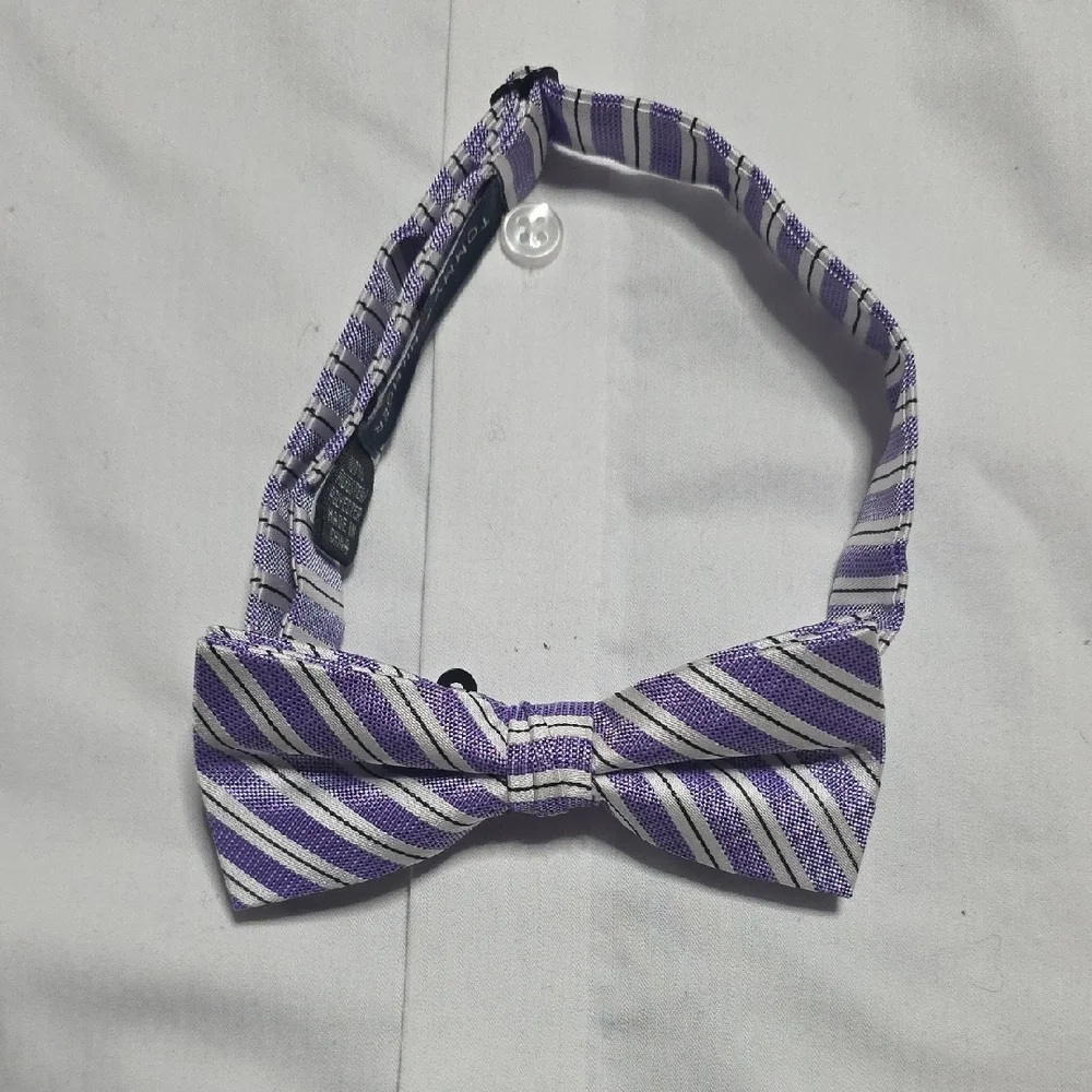 Tommy Hilfiger Lavender and White Striped Bow Tie